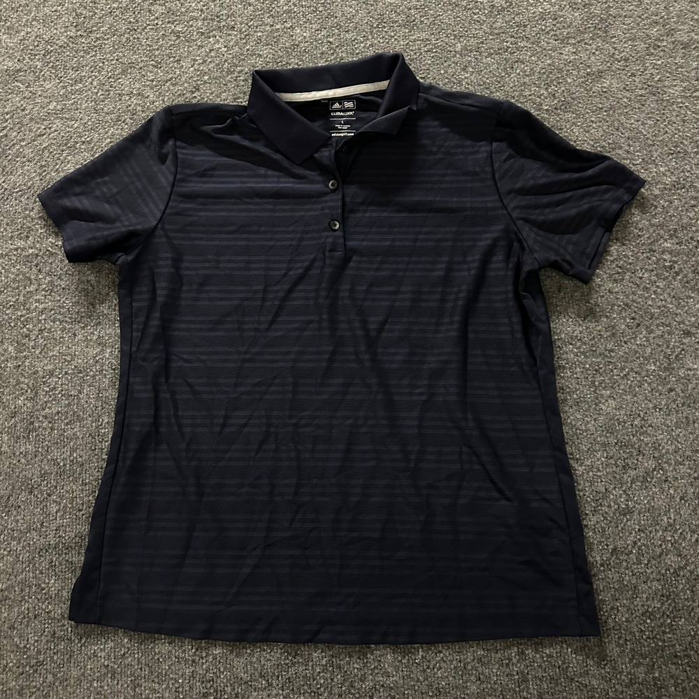 Adidas Polo Womens Size L Navy Blue Climacool Striped Short Sleeve Athletic Golf